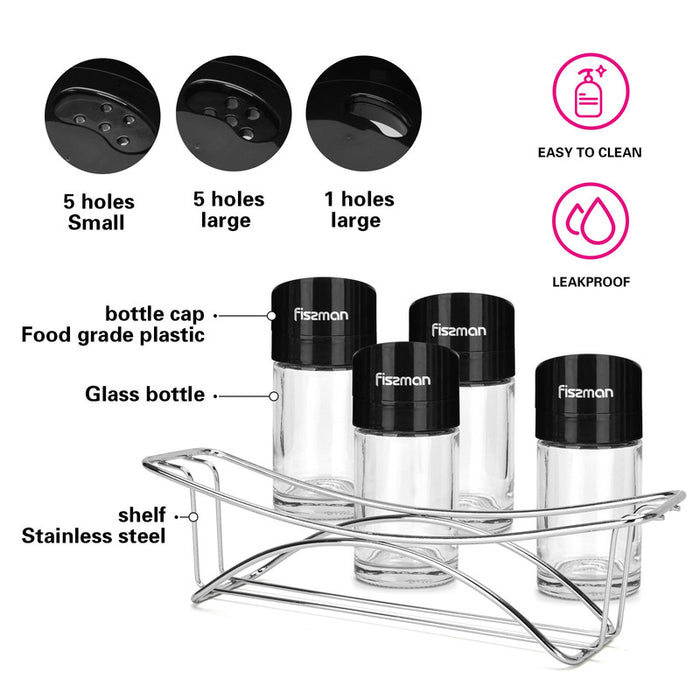 Spice Storage Condiment Jars 3pcs with Stainless Lids And Chrome Steel Stand