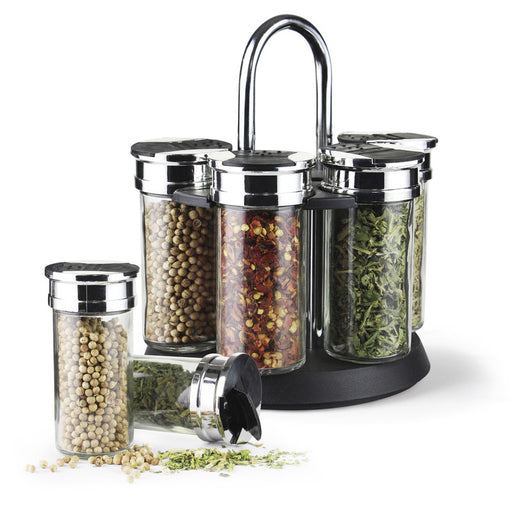 Spice Storage Condiment Jars 7pcs with Stainless Lids And Chrome Steel Stand