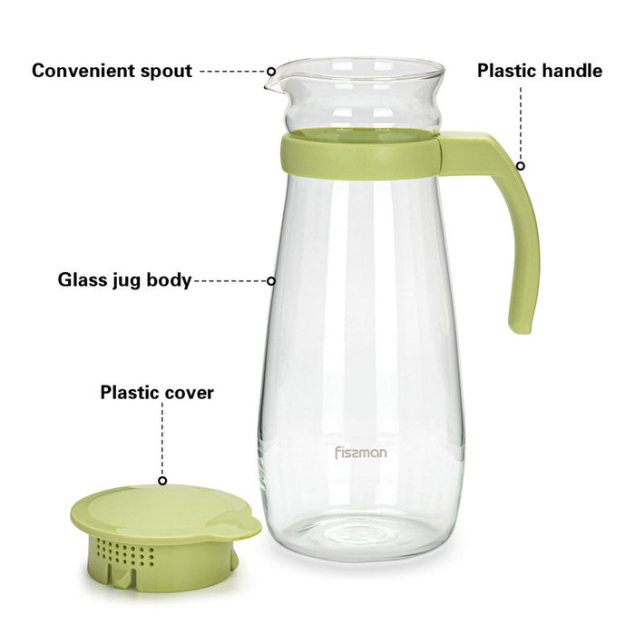 Glass Pitcher Jug with Filter Green Handle and Lid (Light Green) 1300ml