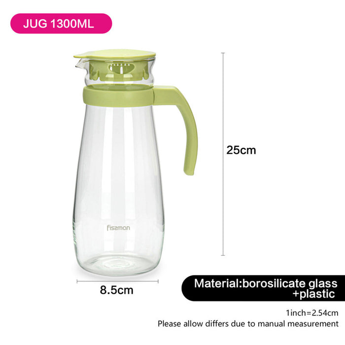Glass Pitcher Jug with Filter Green Handle and Lid (Light Green) 1300ml