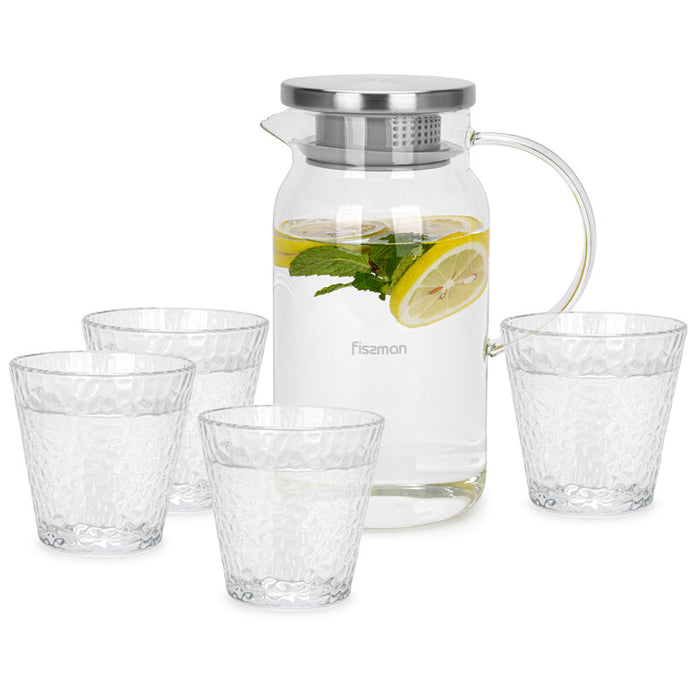 Jug and Glass Cup Set Borosilicate Glass Heat Resistant with Arc Shape Handle, Leakproof Lid And Stainless Steel Lid 1400ml + 4x290ml