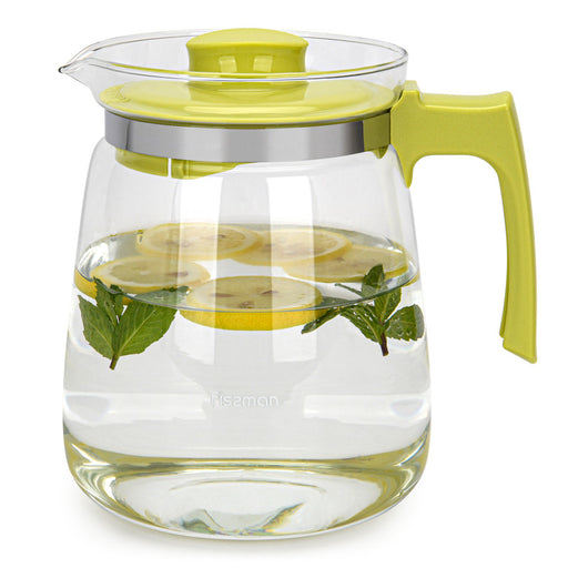 Glass Pitcher, Jug with Removable Lid And Convenient Plastic Handle Leakproof Green 1600ml