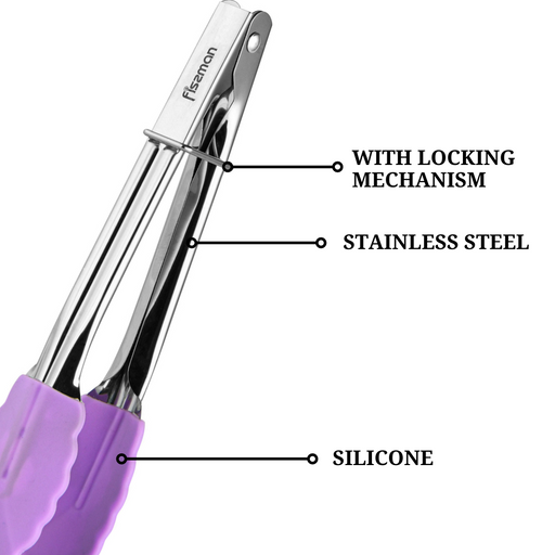 Mini Tongs 17cm Stainless Steel With Silicone Purple
