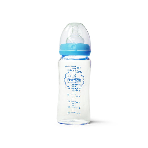 Blue Feeding bottle with wide neck 260 ml (borosilicate glass)