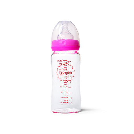 Pink Feeding bottle with wide neck 260 ml (borosilicate glass)