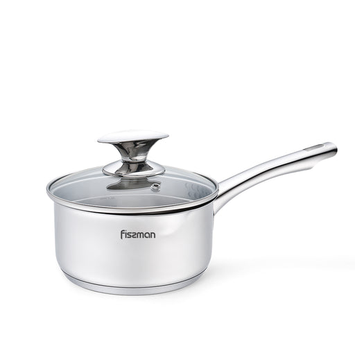 Sauce pan ELEGANCE 16x8 cm  1.6 LTR with glass lid. pouring lip and lid strainer (stainless steel)